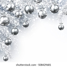 New Year background with Christmas balls and fir branches. Vector illustration.