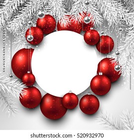 New Year background with Christmas balls and fir branches. Vector illustration.