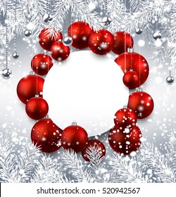 Neujahrshintergrund mit Weihnachtsbällen und Tannenzweigen. Vektorgrafik.