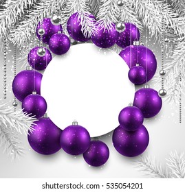 New Year background with Christmas balls and fir branches. Vector illustration.