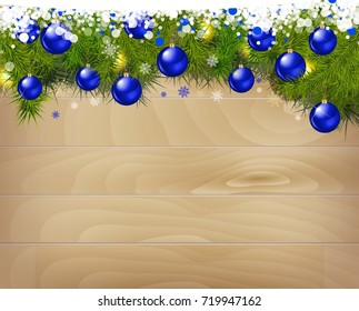 New year background. Christmas balls and spruce branches on wooden background. Vector illustration.