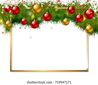 New year background. Christmas balls and spruce branches on white background. Vector illustration.