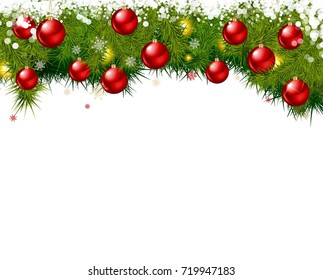 New year background. Christmas balls and spruce branches on white background. Vector illustration.