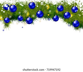 New year background. Christmas balls and spruce branches on white background. Vector illustration.