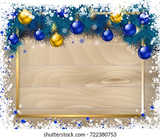 New year background. Christmas balls and spruce branches on wooden background. Vector illustration.