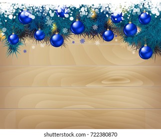 New year background. Christmas balls and spruce branches on wooden background. Vector illustration.