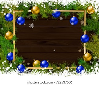 New year background. Christmas balls and spruce branches on wooden backgroundVector illustration.