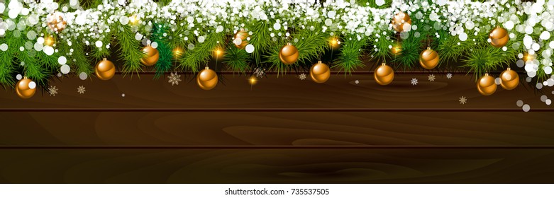 New year background. Christmas balls and spruce branches on wooden background. Vector illustration.