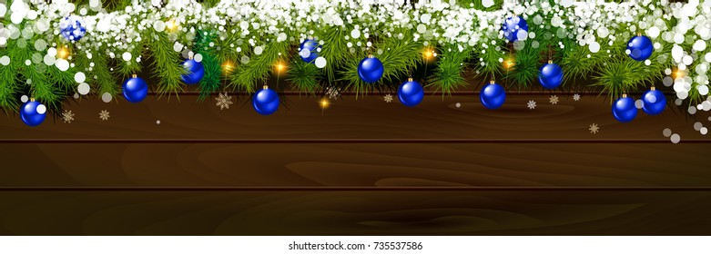 New year background. Christmas balls and spruce branches on wooden background. Vector illustration.