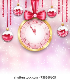 New year Background with Christmas Balls and Clock - Illustration Vector