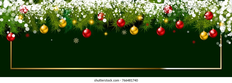 New year background. Christmas balls and spruce branches on dark green background. Vector illustration.