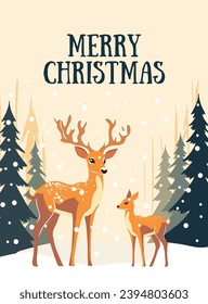 New Year background. Christmas graphic illustration of deer in the forest, mother and cub. New Year's deer trees and snow. Winter holiday composition. Greeting card, banner, poster in soft pastel colo