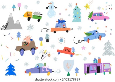 New year background. Christmas landscape. Vector cute cartoon pattern.