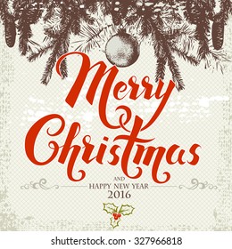 New Year background with Christmas tree, ball and hand drawn lettering