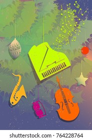 New Year  background with the Christmas tree, music instruments and toys