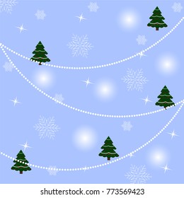 New year background of Christmas tree, beads, stars, snowflakes