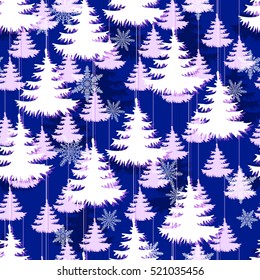 New Year background and Christmas trees pattern seamless on a dark blue background.