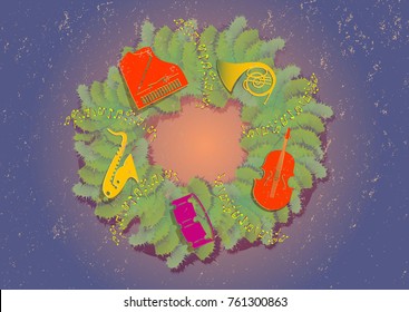 New Year  background with the Christmas wreath, music instruments and toys. 
