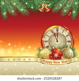 Fondo del año Nuevo con el reloj y la decoración de la Navidad con el lugar para su texto. Ilustración vectorial.