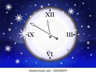 New year background with a clock, snowflakes and snow