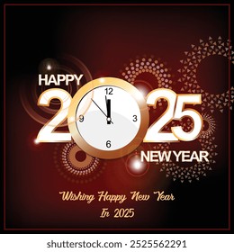 new year background with clock,2025 New Year greeting card with golden clock on black background. Vector illustration. 