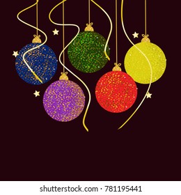 New Year Background. Colorful Christmas Balls for greeting, invitation cards design.