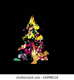 New Year background with confetti and colorful ribbons in the shape of a Christmas tree. Vector illustration eps10.