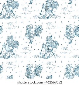 New Year background. Cute Cartoon Roosters Vector Seamless pattern. Hand Drawn Doodle Cocks. Winter wallpaper. Colorful wallpaper for kids