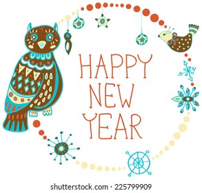 New Year background with cute decorations and funny Owls, VECTOR