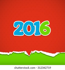 New year background. Date 2016 on a red background of torn paper. Vector illustration.