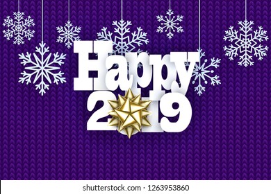 New Year background with decorative papercut snowflake. Knit pattern. Merry Christmas and Happy New Year Greetings card. Paper cut snowflakes design.
