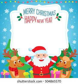New Year Background Design Vector. Cartoon Illustration Santa, Deer, Christmas tree and New Year Gifts. Funny Christmas Holidays, Invitation, Poster, Background Vector Template.
