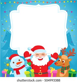 New Year Background Design Vector. Cartoon Illustration Santa's Friends Deer, Snowman, Christmas tree and New Year Gifts. Funny Christmas Holidays, Invitation, Poster, Background Vector Template.