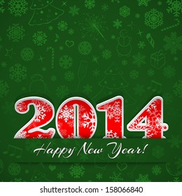 New year background with digits 2014 and snowflakes on green