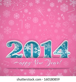 New year background with digits 2014 and snowflakes on pink