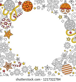 New year background with Doodle snowflakes, fir-tree balls, ribbon decorative border.