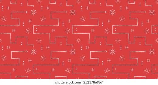 New Year background with electronic snake game and pixel snowflakes. Christmas vector illustration. Symbol of 2025. 8 bit graphics. Nostalgia abstract seamless pattern.