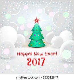 New Year background with elegant cartoon Christmas tree and Happy New Year 2017! inscription. Can be used as a decorative background and greeting card. Vector illustration
