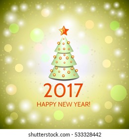 New Year background with elegant cartoon Christmas tree and Happy New Year 2017! inscription. Vector illustration