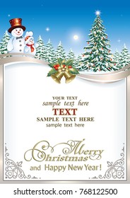 New Year background with an elegant Christmas tree and snowmen decorated with a silver ribbon with bells