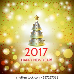 New Year background with elegant metallic cartoon Christmas tree and Happy New Year 2017! inscription. Vector illustration
