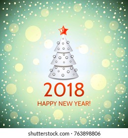 New Year background with elegant white cartoon Christmas tree and Happy New Year 2018! inscription. Vector illustration
