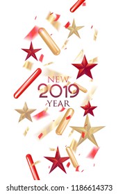 New year background with falling red and gold decoration objects. Vector illustration
