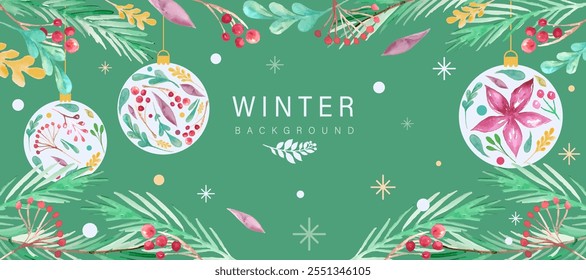 New Year background with festive decor in watercolour style in vector.