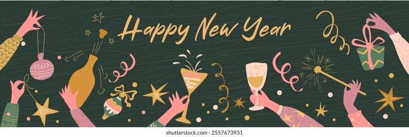 New Year background with festive inscription.Hands holding a gift,  sparkler,  bottle of champagne, glasses. Hand draw. New Year and Christmas .Vector 