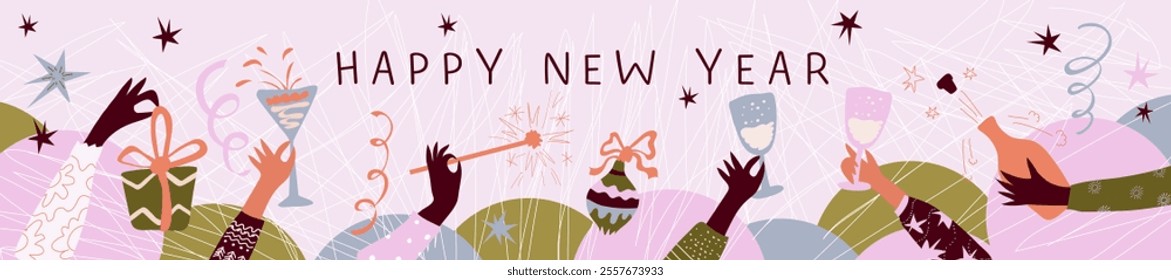 New Year background with festive inscription.Hands holding a gift,  sparkler,  bottle of champagne, glasses. Hand draw. New Year and Christmas .Vector 