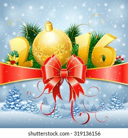 New Year Background with Fir Branches, Bauble, Streamer, Bow and Stylized 2016. Vector Template for Cover, Flyer, Brochure, Greeting Card.