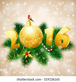 New Year Background with Fir Branches, Bauble, Bullfinch and Stylized 2016. Vector Template for Cover, Flyer, Brochure, Greeting Card.