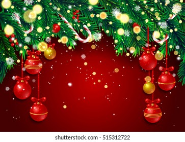 New Year background with fir branches and snowflakes on red background. Vector illustration.