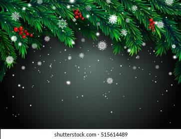 New Year background with fir branches and snowflakes on black background. Vector illustration.